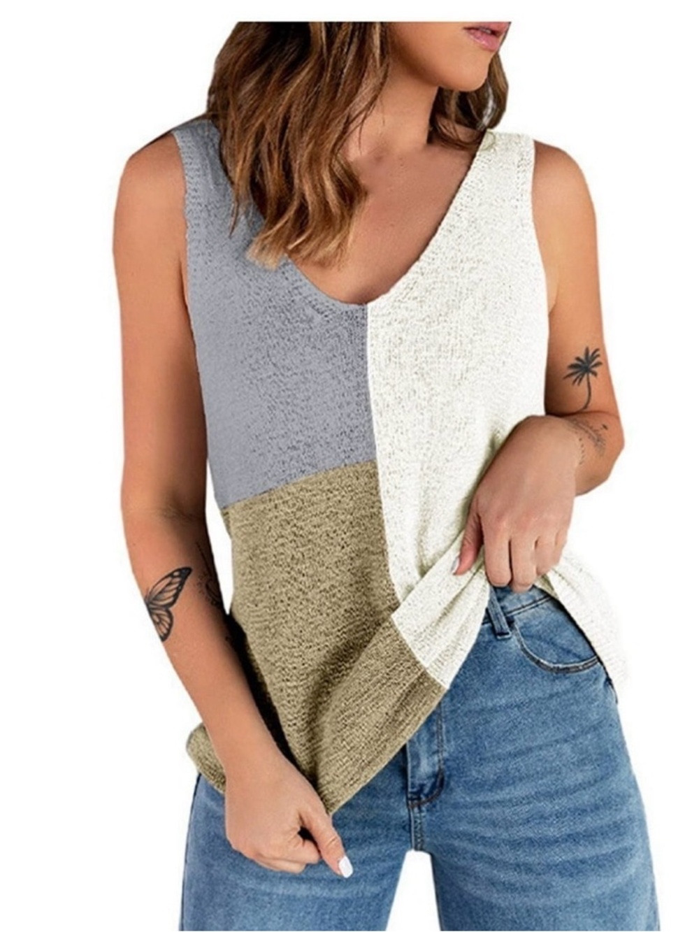 Source Unknown Neutral Colorblock‎ V-Neck Knit Tank - Gray, Cream, Tan
